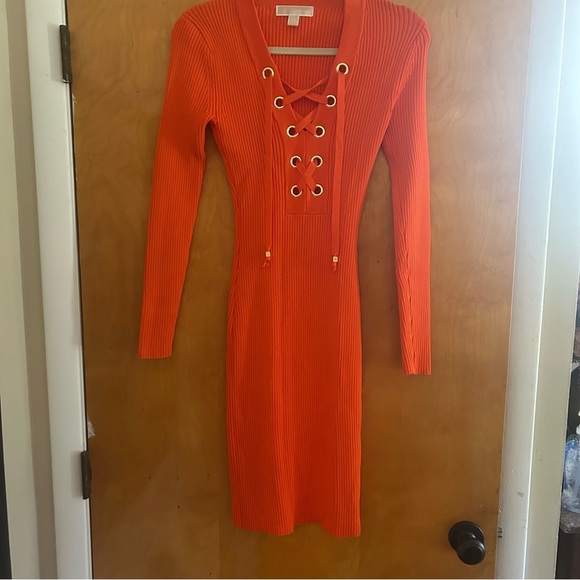 Michael Kors Lace Up Ribbed Dress. Orange BodyCon XS Festive Fall Designer - Picture 2 of 7